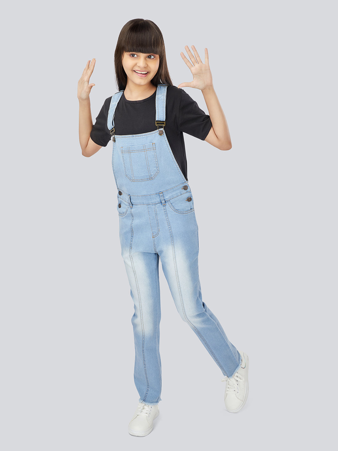 Naughty Dungaree® Girls Full Length Light Blue Denim Pleated Dungaree with Raw Edge Hem