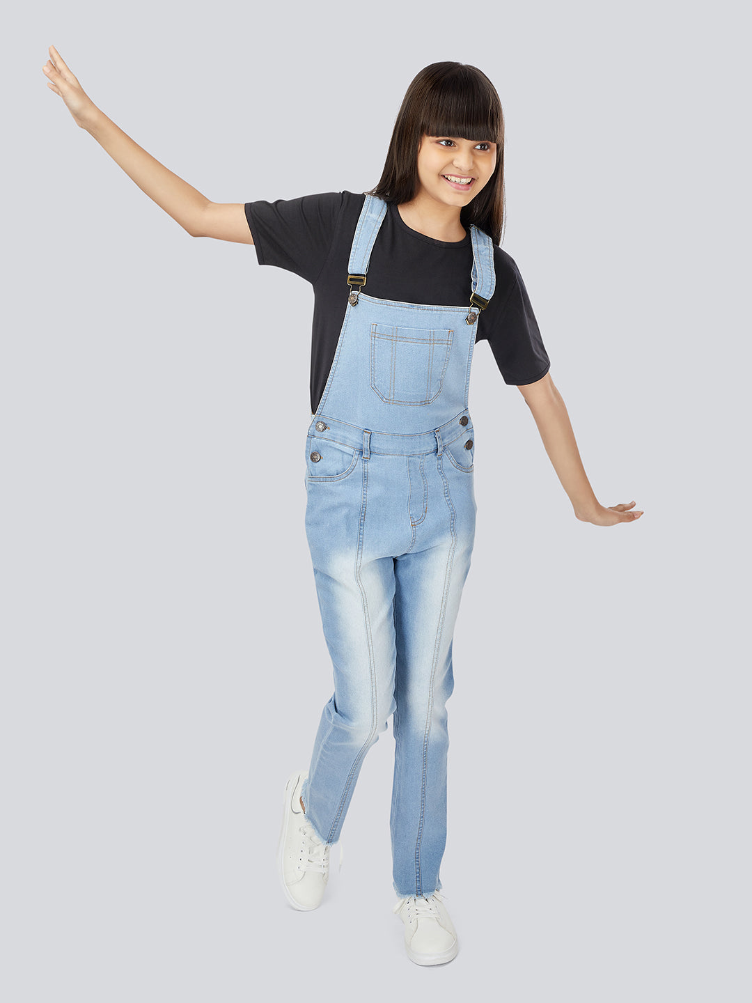 Naughty Dungaree® Girls Full Length Light Blue Denim Pleated Dungaree with Raw Edge Hem