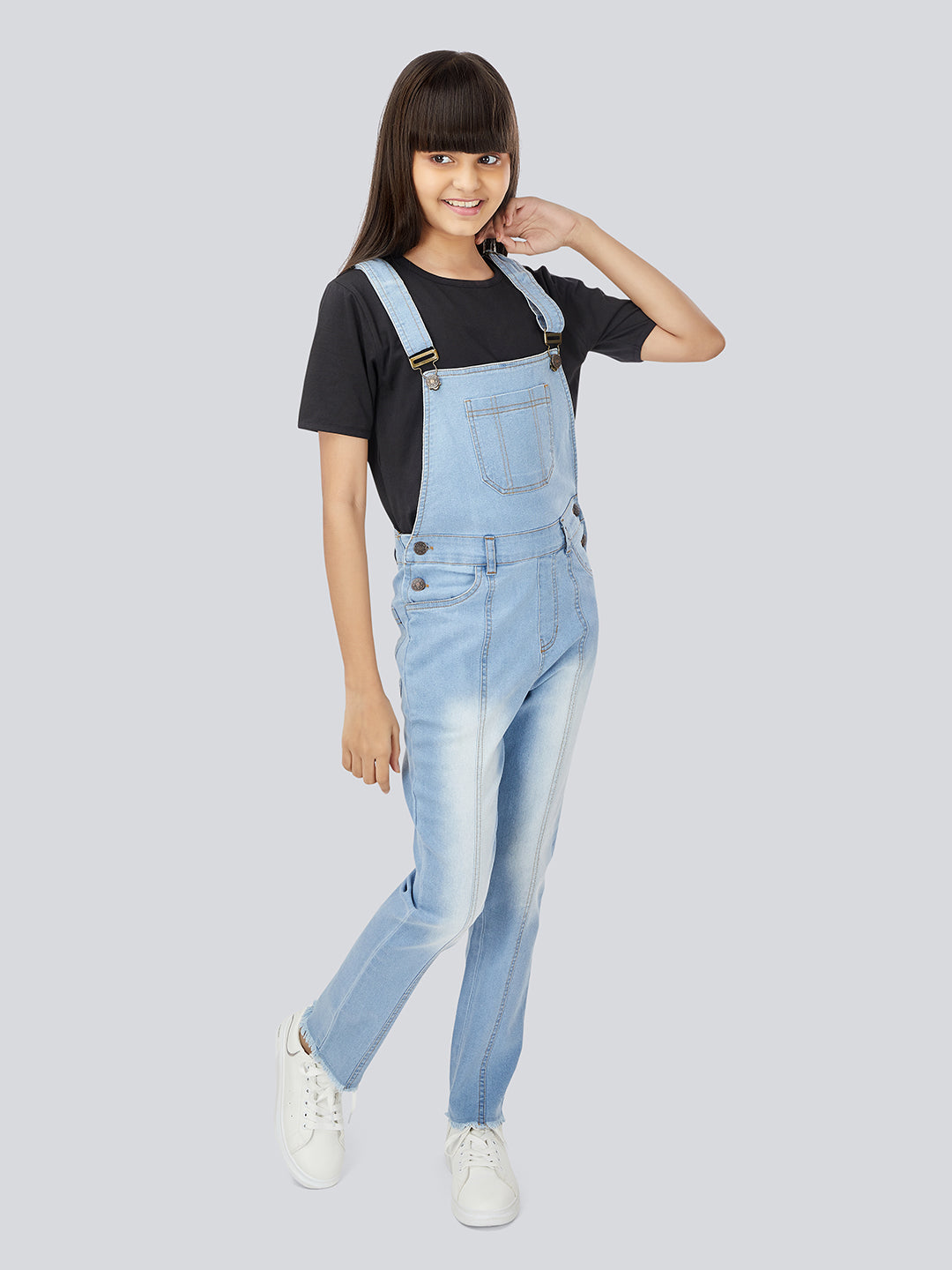 Naughty Dungaree® Girls Full Length Light Blue Denim Pleated Dungaree with Raw Edge Hem