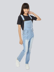 Naughty Dungaree® Girls Full Length Light Blue Denim Pleated Dungaree with Raw Edge Hem