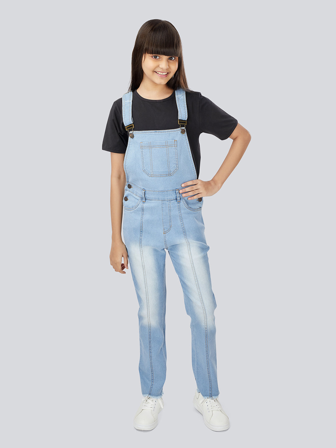 Naughty Dungaree® Girls Full Length Light Blue Denim Pleated Dungaree with Raw Edge Hem