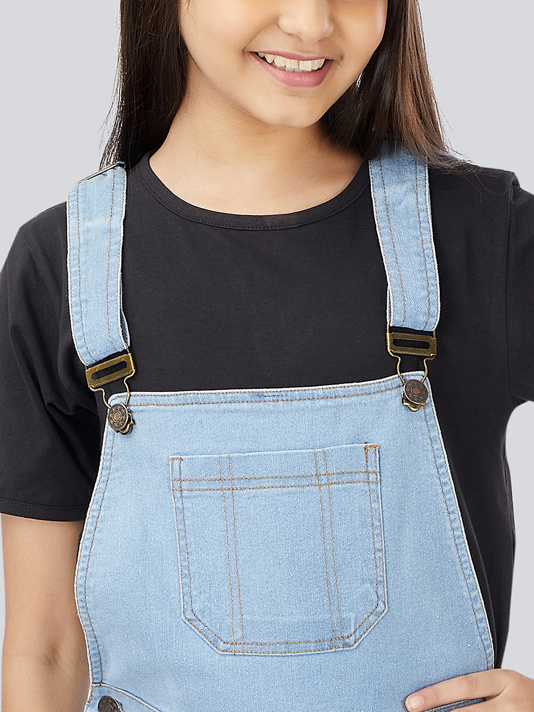 Naughty Dungaree® Girls Full Length Light Blue Denim Pleated Dungaree with Raw Edge Hem