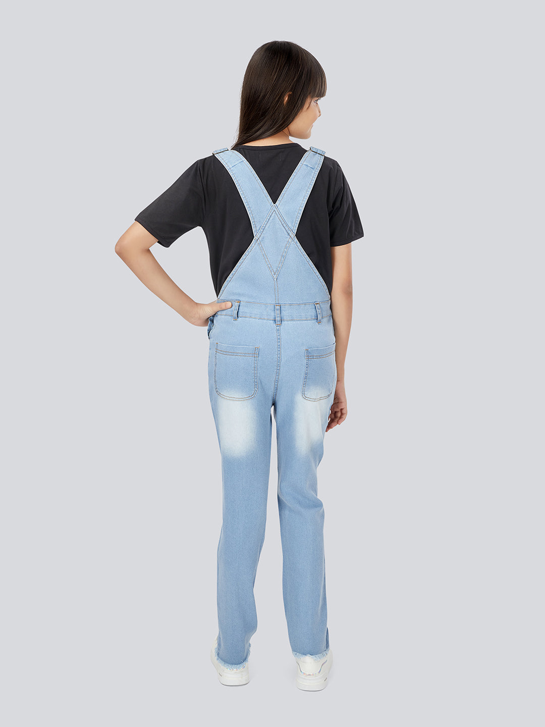 Naughty Dungaree® Girls Full Length Light Blue Denim Pleated Dungaree with Raw Edge Hem