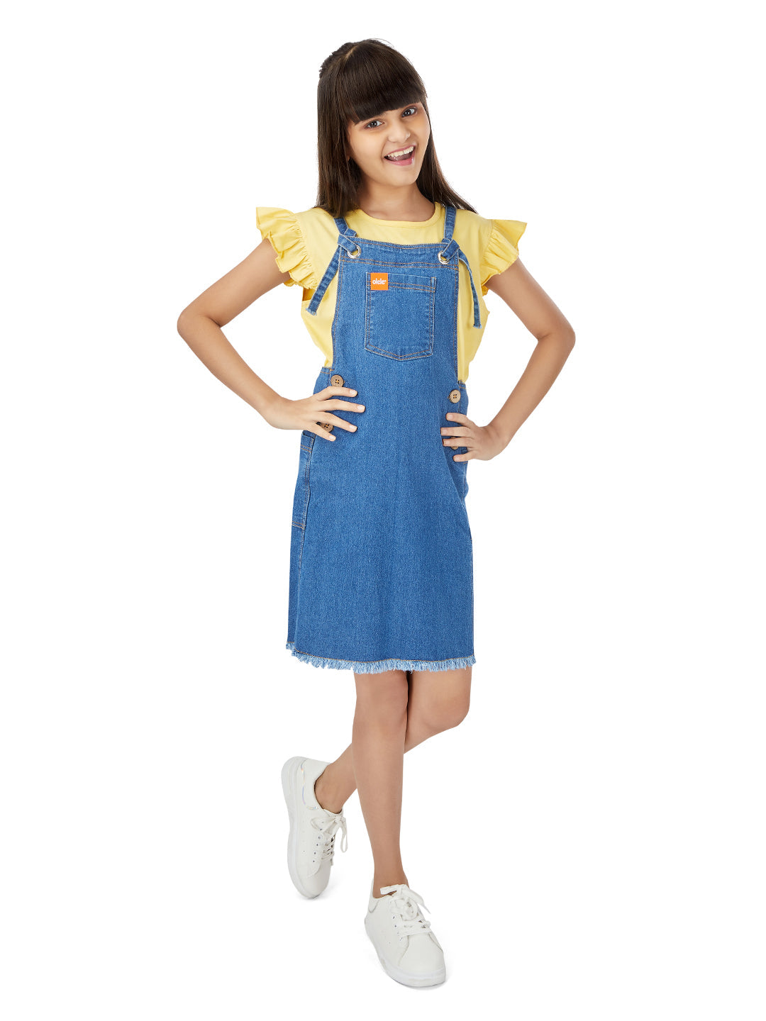 Naughty Dungaree® Girls Dungaree Dress - Metal Eyelets Indigo Denim