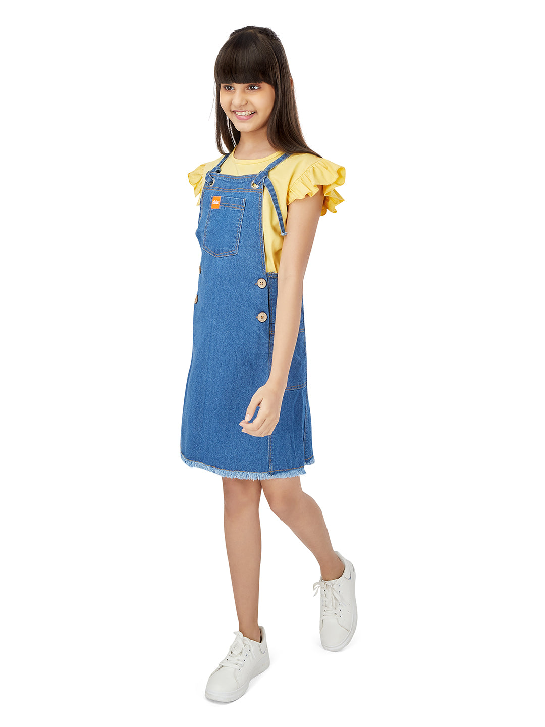 Naughty Dungaree® Girls Dungaree Dress - Metal Eyelets Indigo Denim