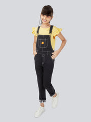 Naughty Dungaree® Full Length Cotton Twill Dungaree for Girls with Contrast Hemfold - Zed Black