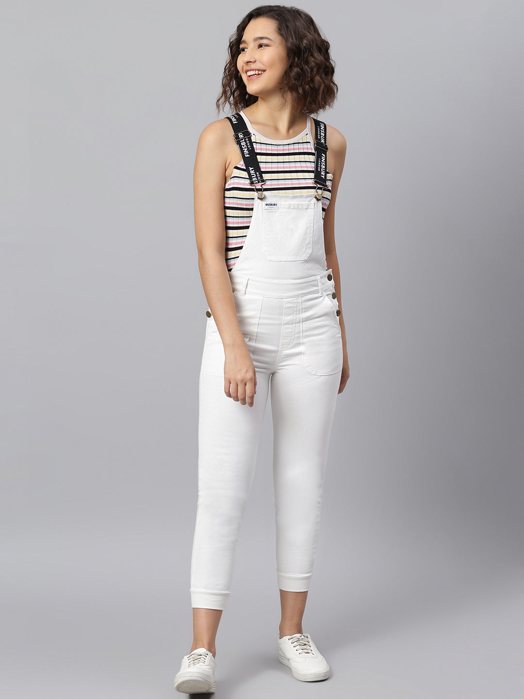 NaughtyDungaree® Womens White Dungaree with White Rib Bottom