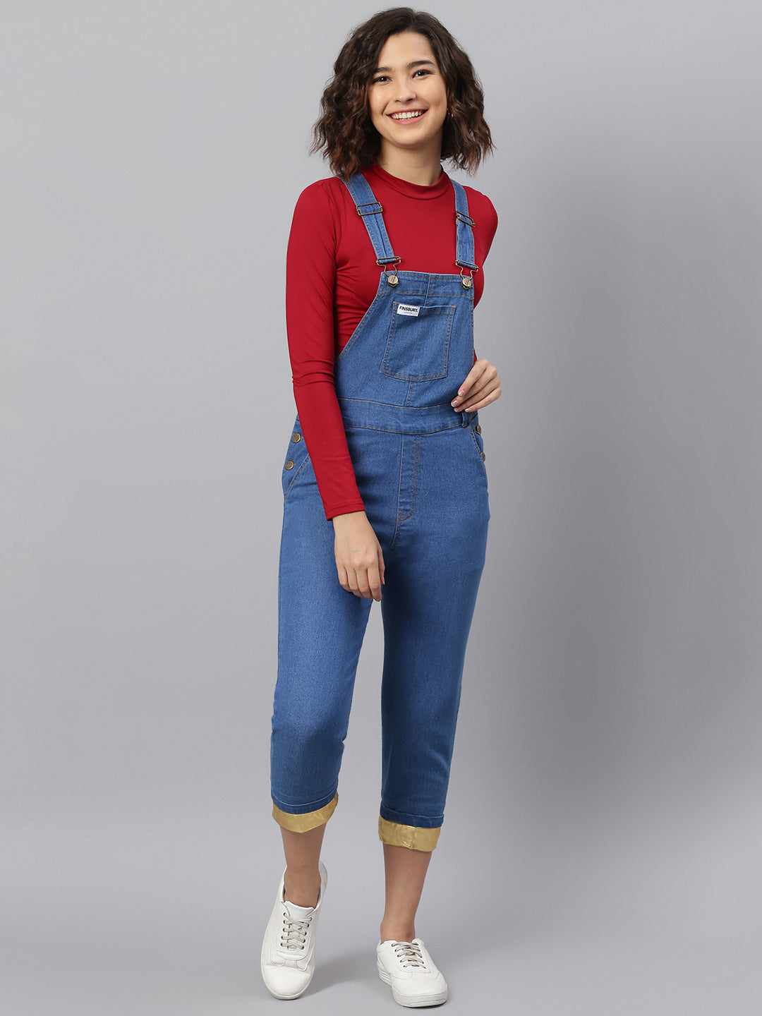 NaughtyDungaree® Women Denim Dungaree with Golden Faux Leather Bottom Hem-Fold