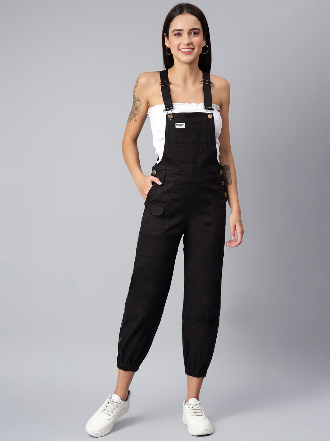 NaughtyDungaree® Women's Cotton Twill Dungaree with Side Leg Brand Tape - Ebony Black