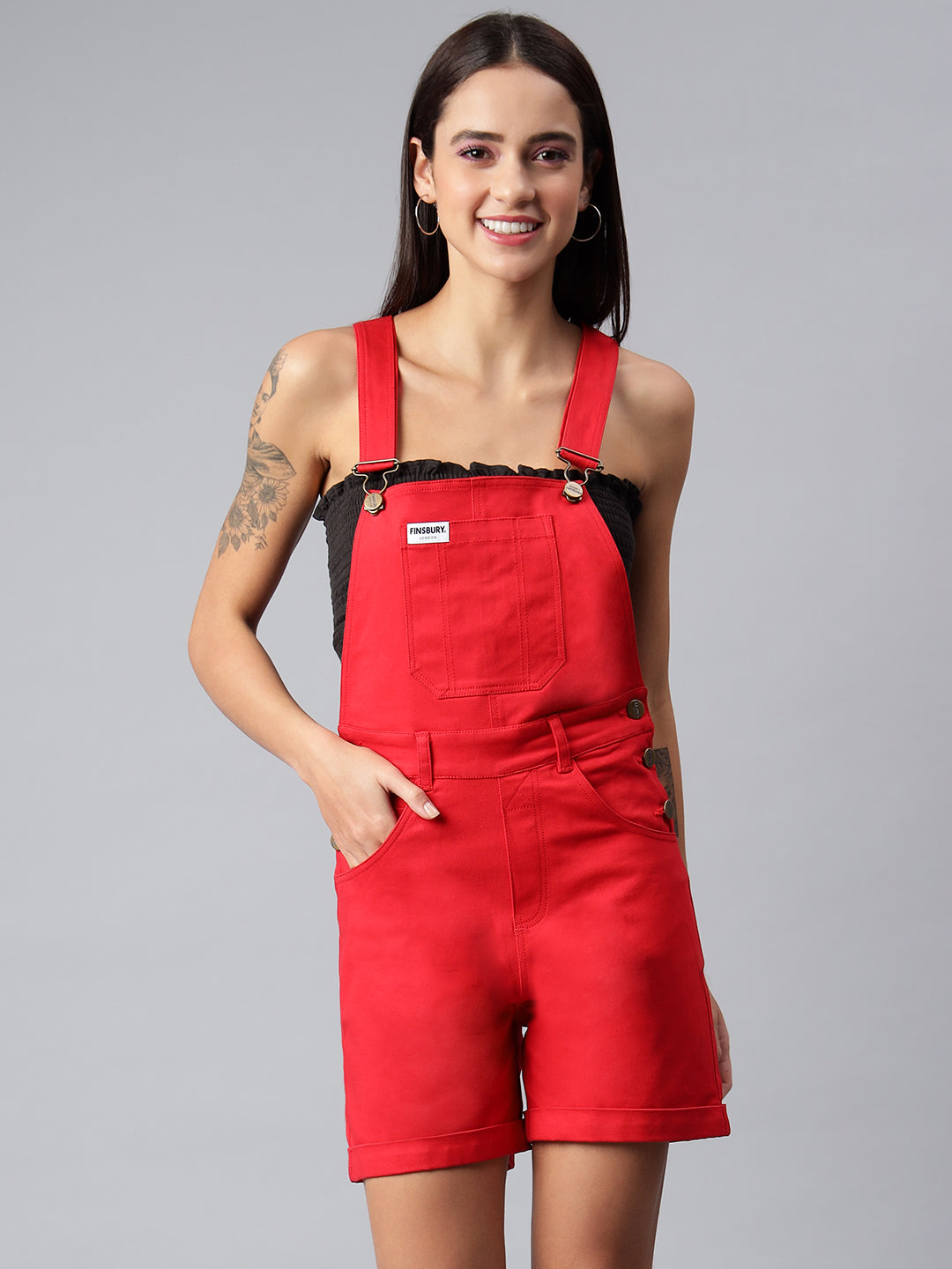 NaughtyDungaree® Women's Cotton Twill Dungaree Playsuit - Crimson Red