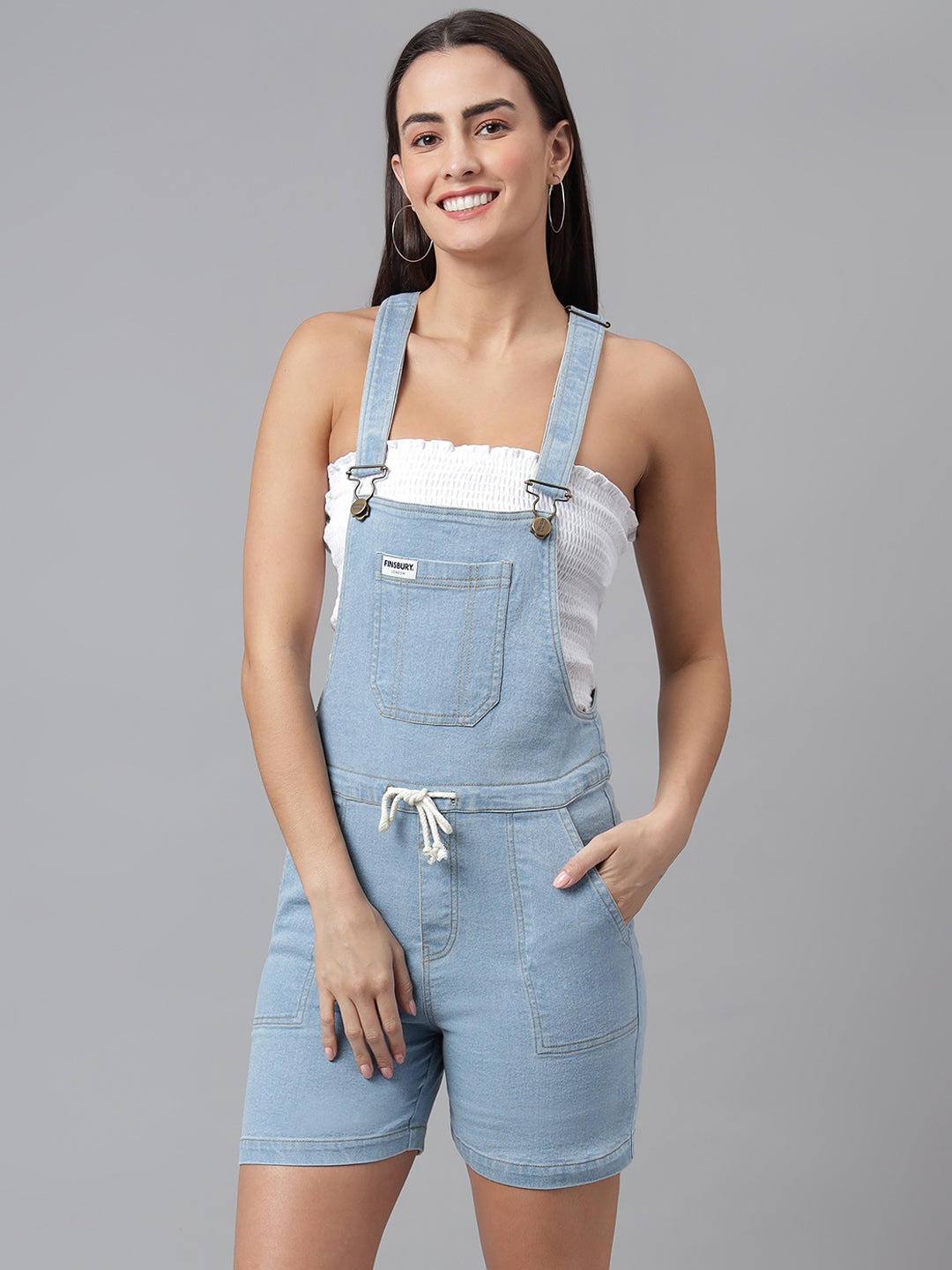 NaughtyDungaree® Women's Denim Dungaree Playsuit with Contrast White Stings