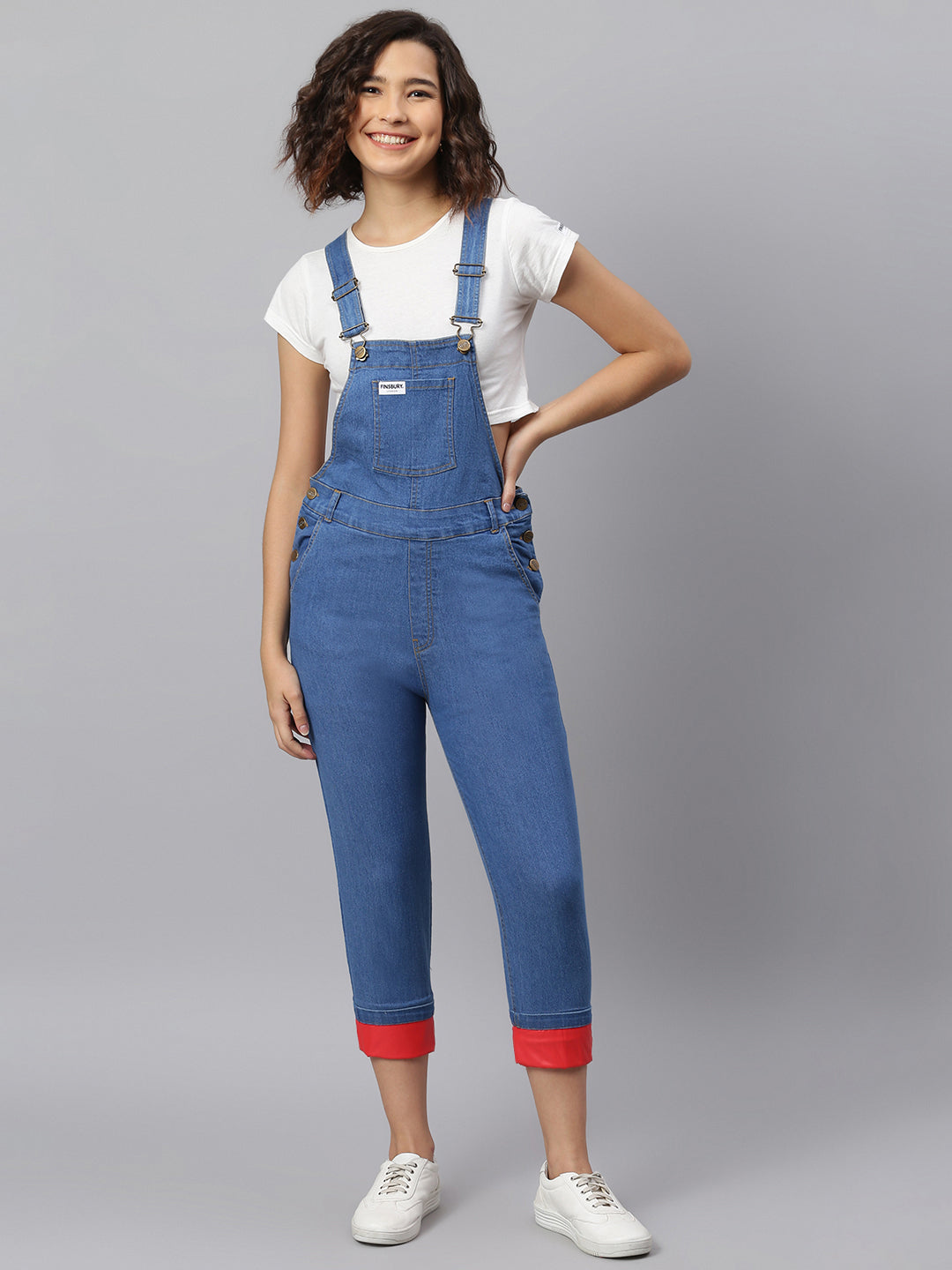 NaughtyDungaree® Women Denim Dungaree with Red Faux Leather Bottom Hem-Fold