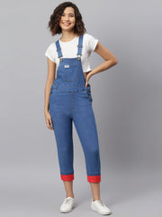 NaughtyDungaree® Women Denim Dungaree with Red Faux Leather Bottom Hem-Fold