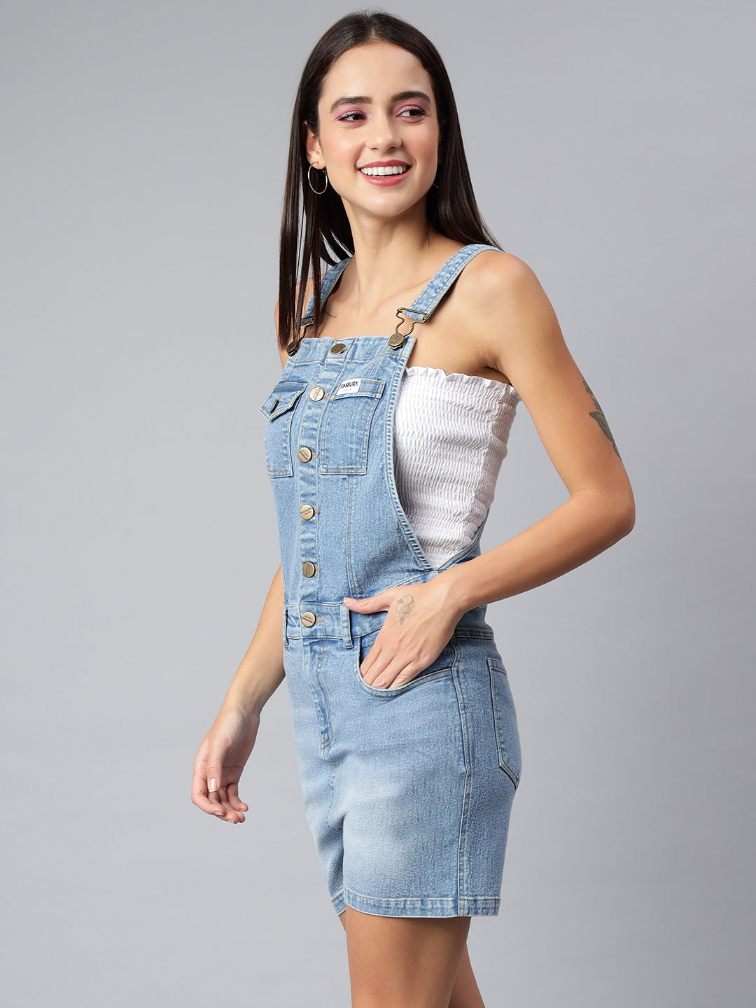 NaughtyDungaree® Women's Denim Dungaree Playsuit with Front Button Opening