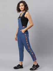 NaughtyDungaree® Womens Denim Dungaree with Animal Printed Tape