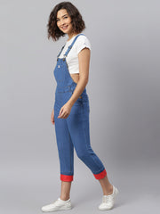 NaughtyDungaree® Women Denim Dungaree with Red Faux Leather Bottom Hem-Fold