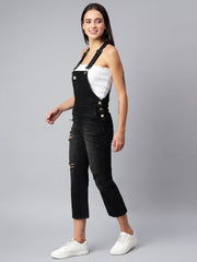 NaughtyDungaree® Women's Black Denim Dungaree with Destroyed Wash