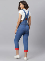 NaughtyDungaree® Women Denim Dungaree with Red Faux Leather Bottom Hem-Fold