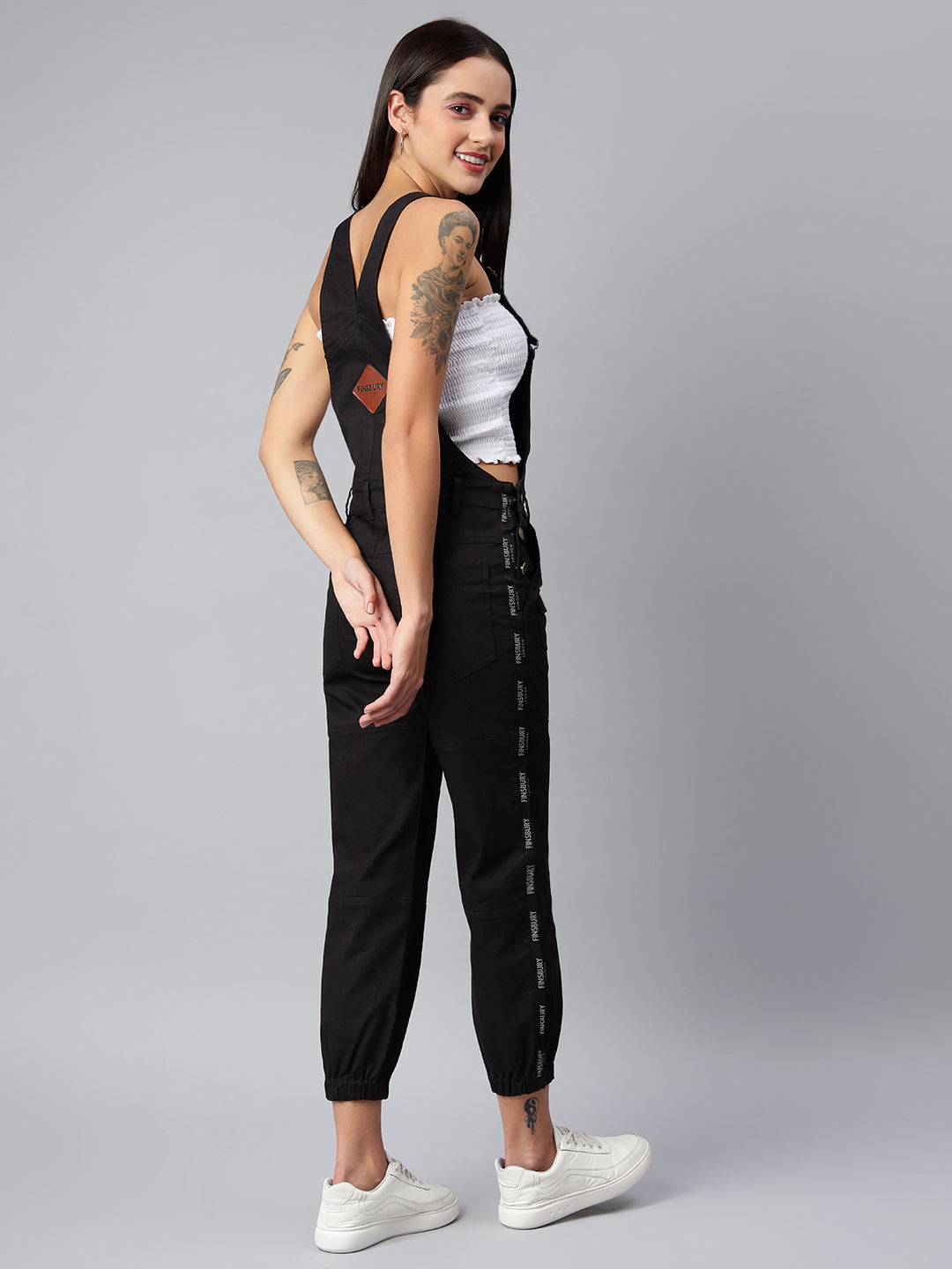 NaughtyDungaree® Women's Cotton Twill Dungaree with Side Leg Brand Tape - Ebony Black