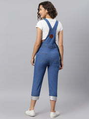 NaughtyDungaree® Women Denim Dungaree with Platinum Faux Leather Bottom Hem-Fold