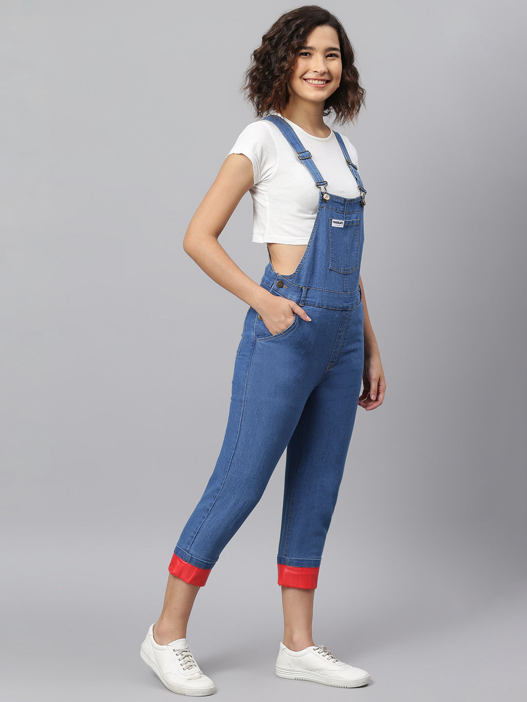 NaughtyDungaree® Women Denim Dungaree with Red Faux Leather Bottom Hem-Fold