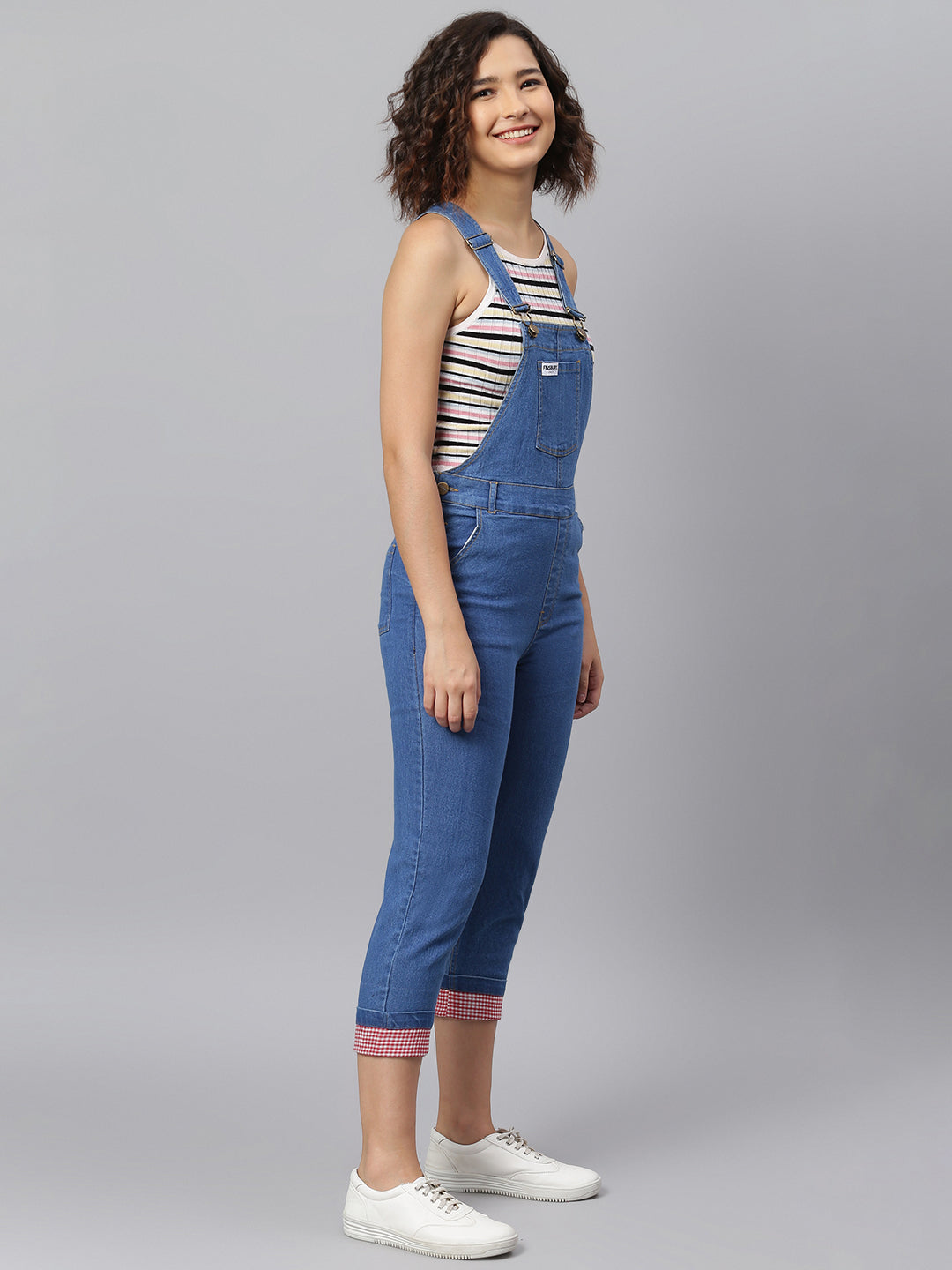 NaughtyDungaree® Women Denim Dungaree with Gingham Check Bottom Hem-Fold