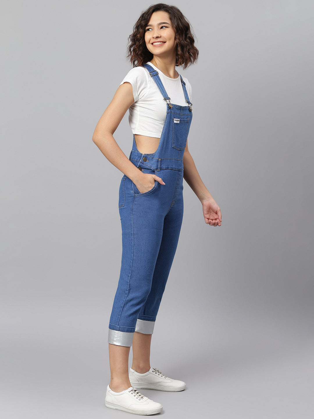 NaughtyDungaree® Women Denim Dungaree with Platinum Faux Leather Bottom Hem-Fold