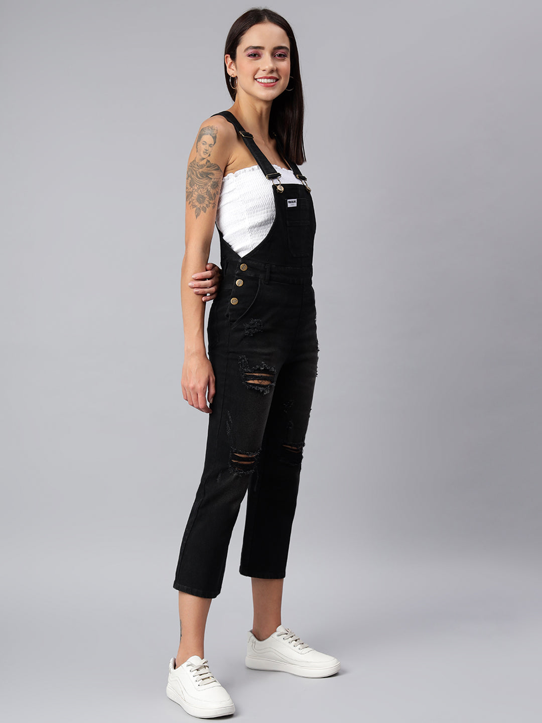 NaughtyDungaree® Women's Black Denim Dungaree with Destroyed Wash