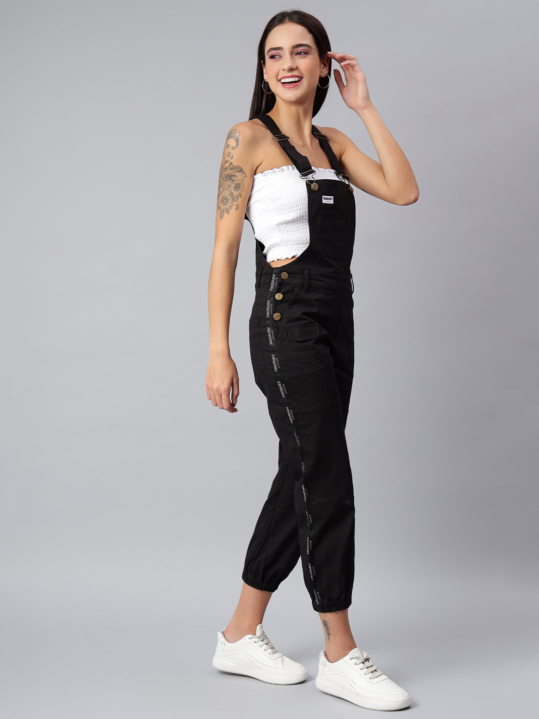 NaughtyDungaree® Women's Cotton Twill Dungaree with Side Leg Brand Tape - Ebony Black