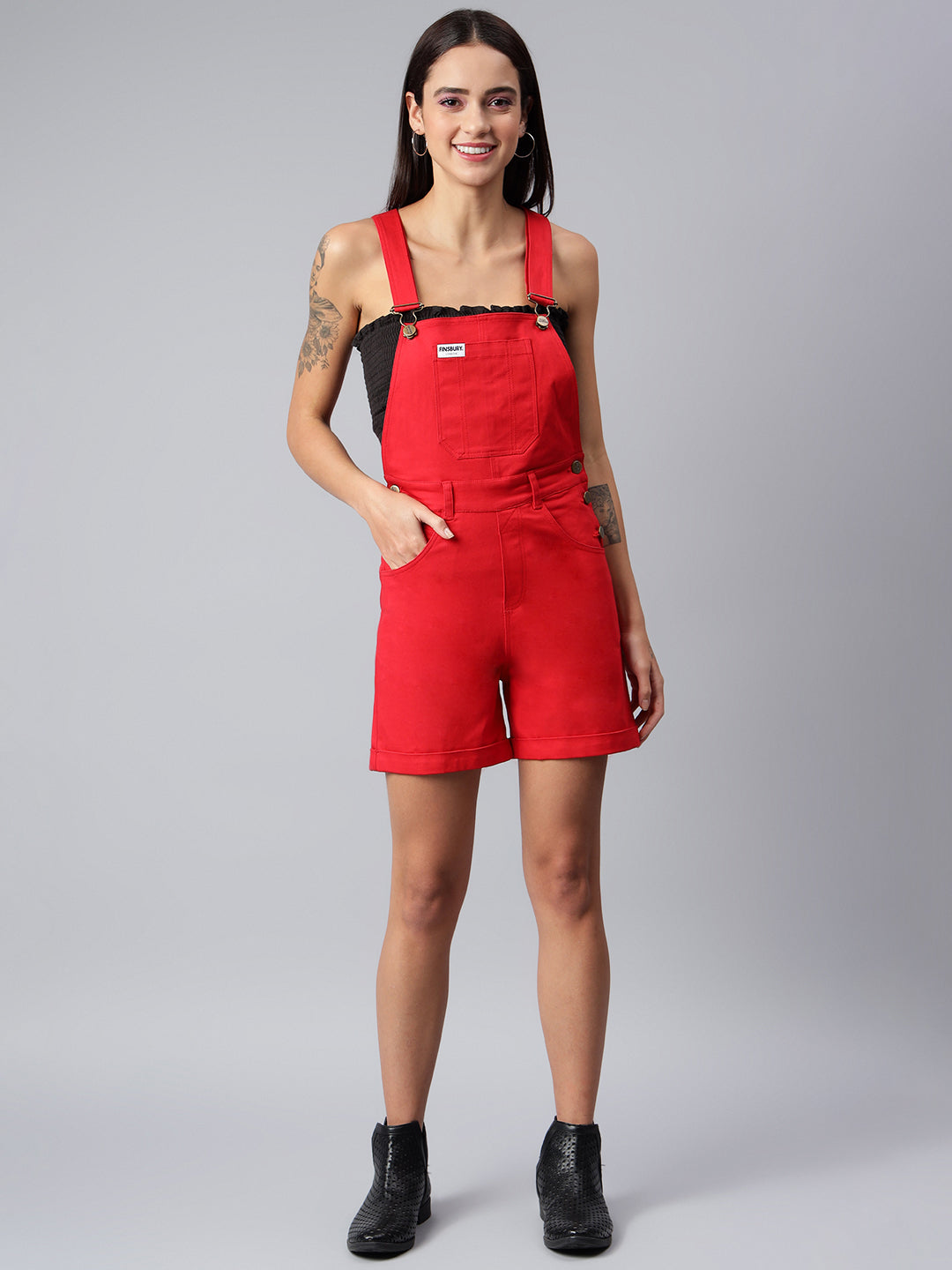 NaughtyDungaree® Women's Cotton Twill Dungaree Playsuit - Crimson Red