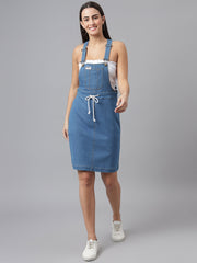 NaughtyDungaree® Women's Denim Dungaree Dress with Contrast White Stings