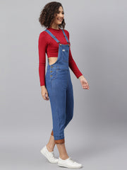 NaughtyDungaree® Women Denim Dungaree with Brown Faux Leather Bottom Hem-Fold