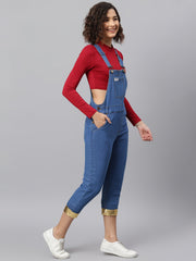 NaughtyDungaree® Women Denim Dungaree with Golden Faux Leather Bottom Hem-Fold