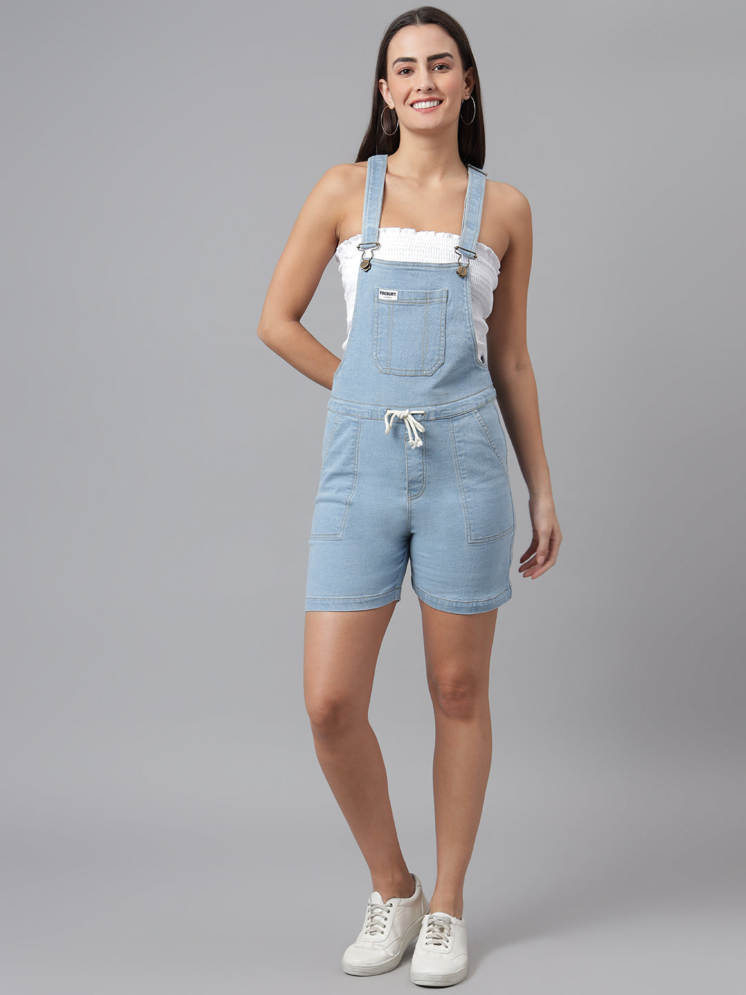 NaughtyDungaree® Women's Denim Dungaree Playsuit with Contrast White Stings