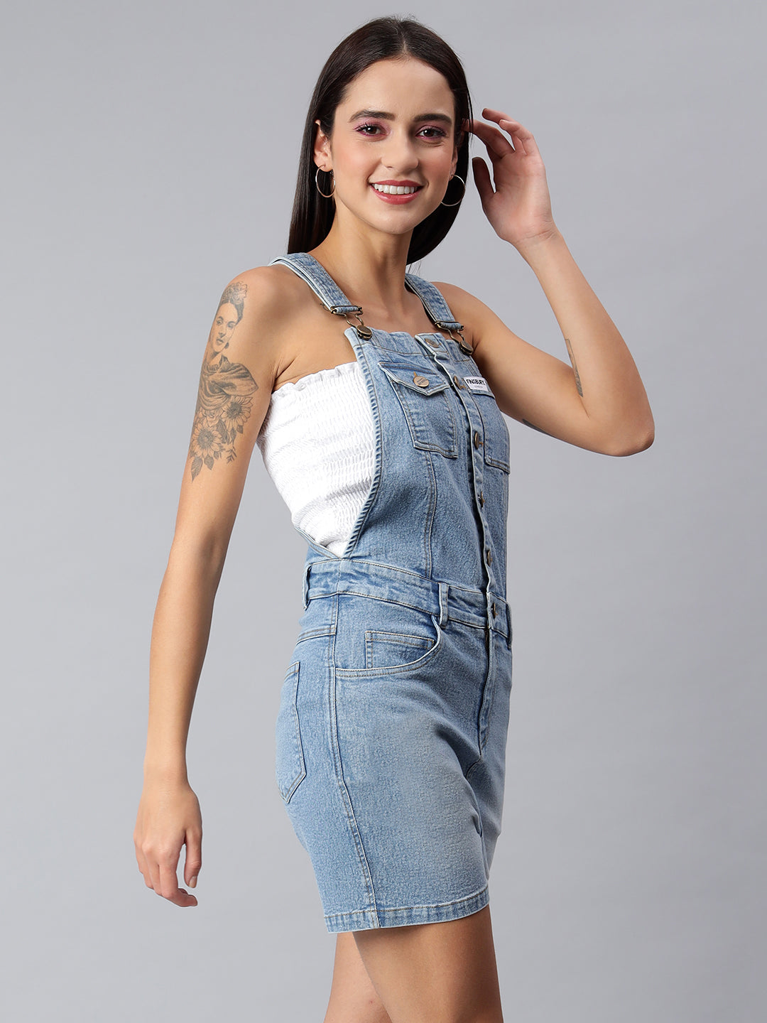 NaughtyDungaree® Women's Denim Dungaree Playsuit with Front Button Opening