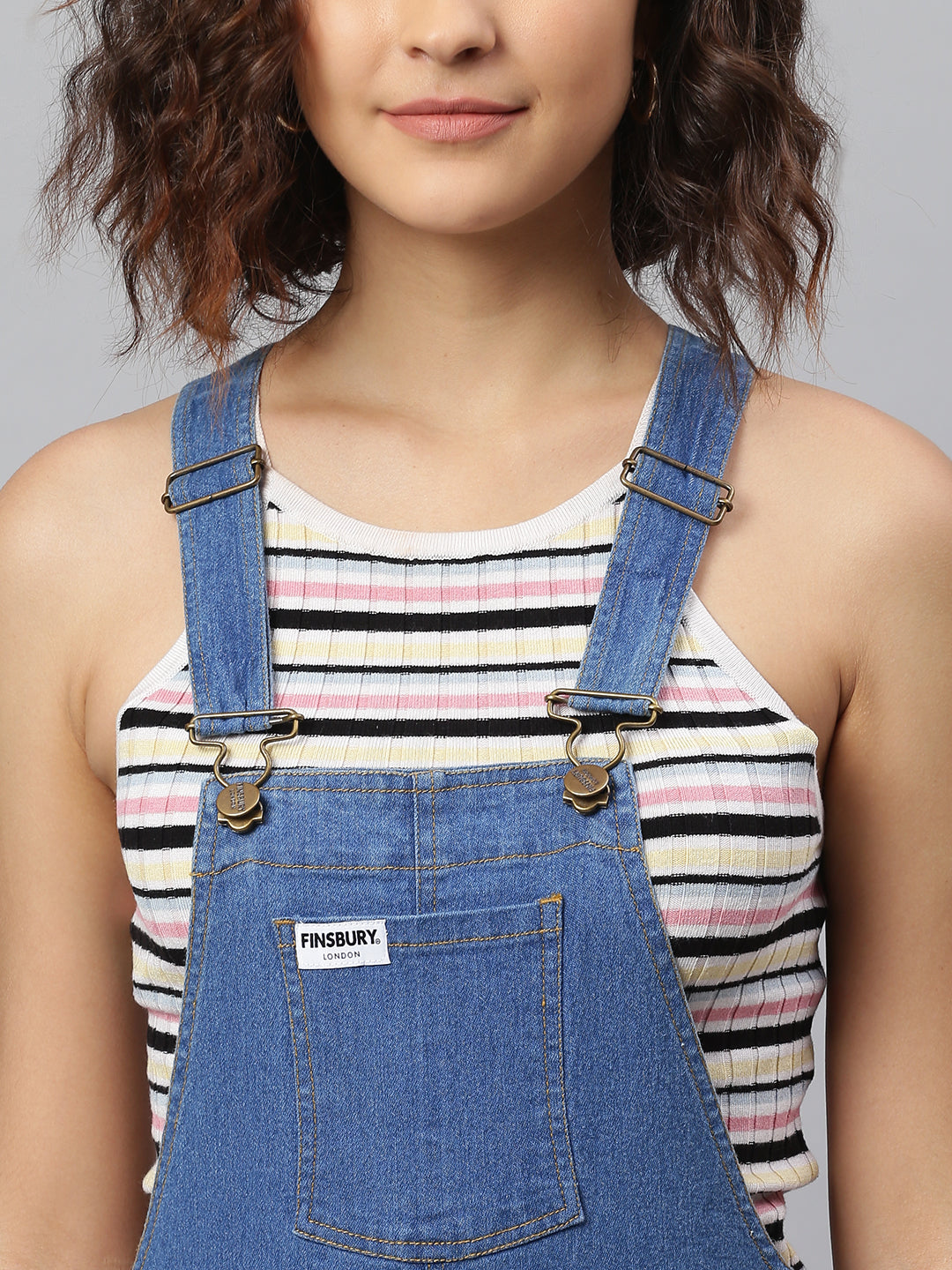 NaughtyDungaree® Women Denim Dungaree with Gingham Check Bottom Hem-Fold