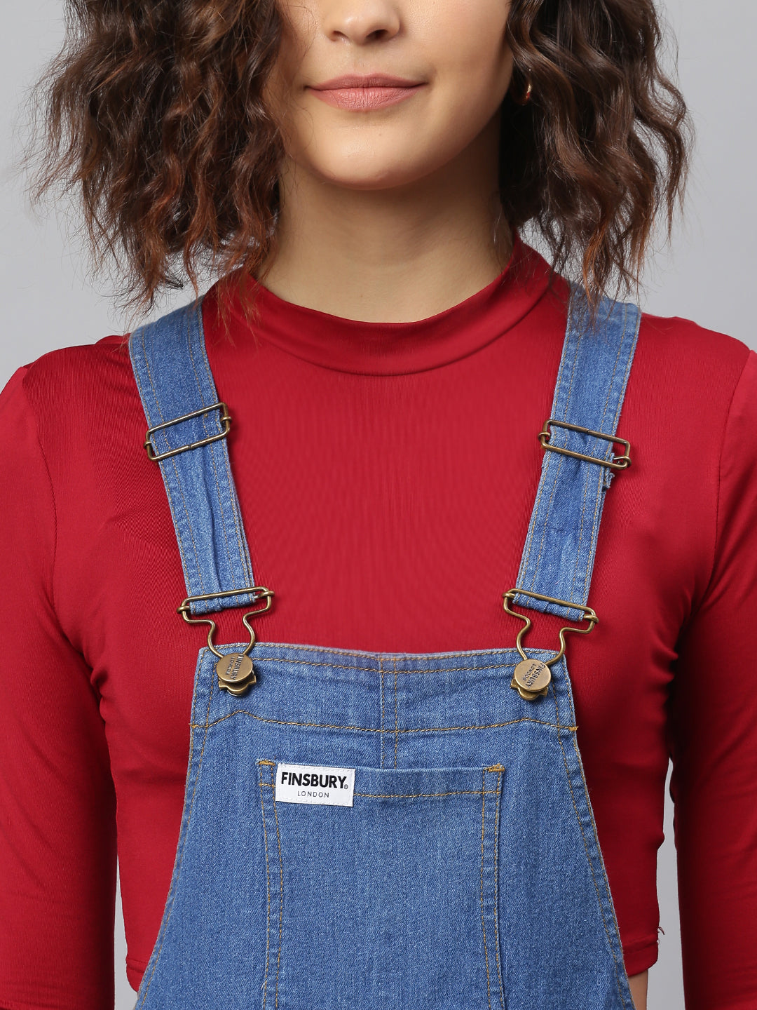 NaughtyDungaree® Women Denim Dungaree with Golden Faux Leather Bottom Hem-Fold