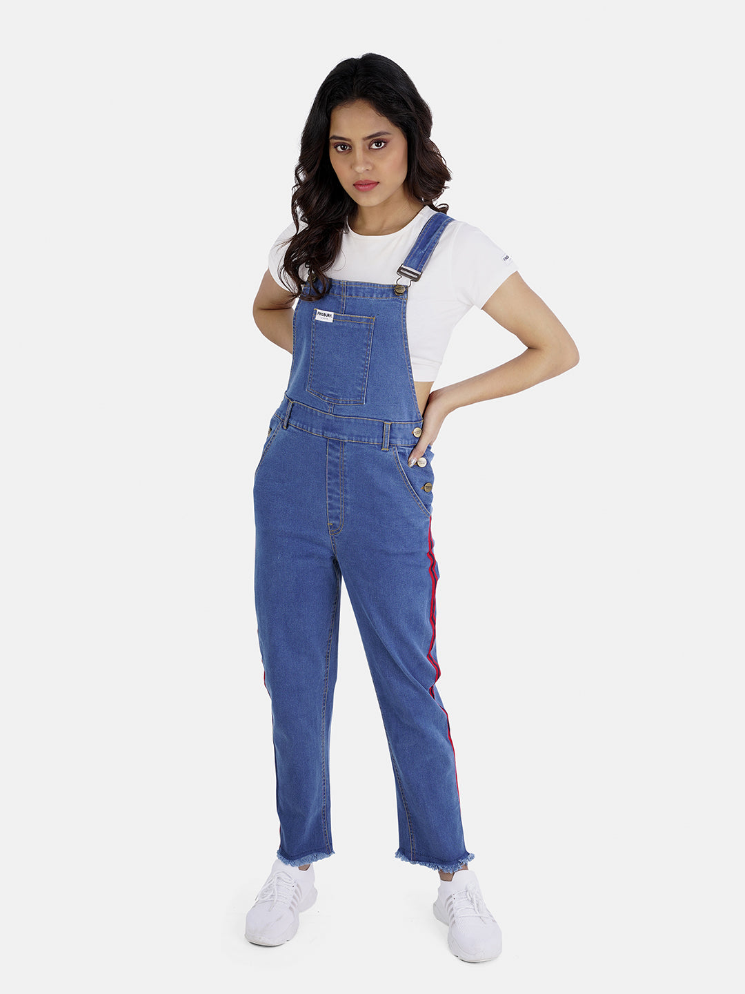 NaughtyDungaree® Women Denim Dungaree with Black & Red Swiss Tape