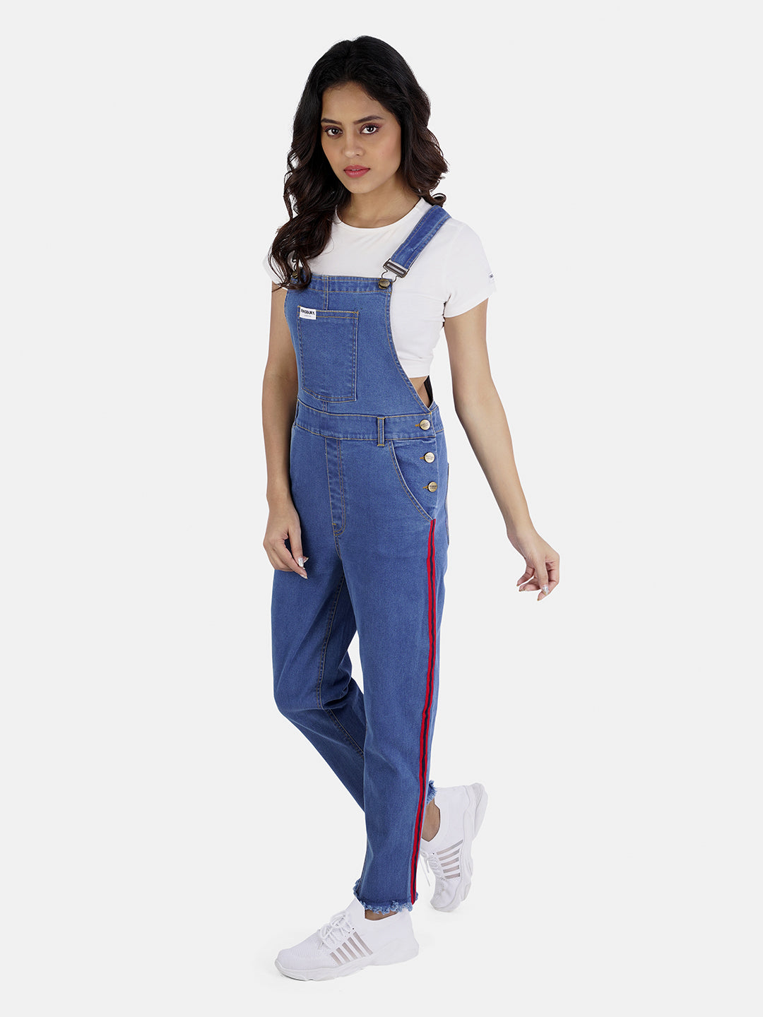 NaughtyDungaree® Women Denim Dungaree with Black & Red Swiss Tape