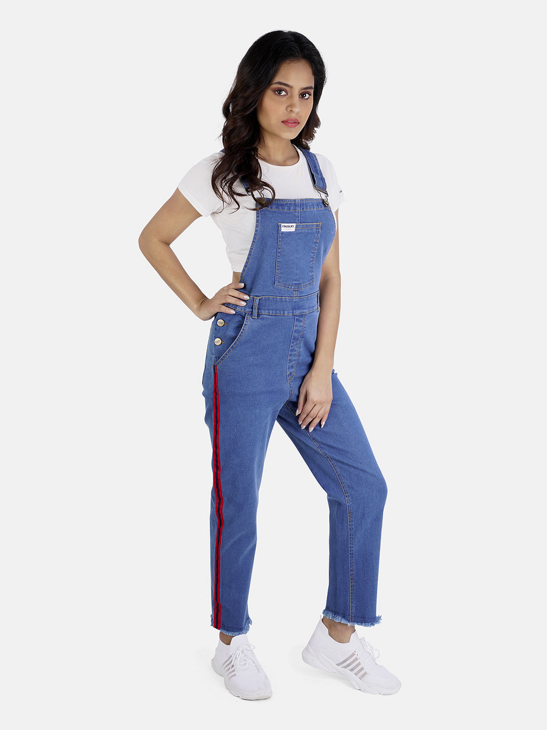 NaughtyDungaree® Women Denim Dungaree with Black & Red Swiss Tape