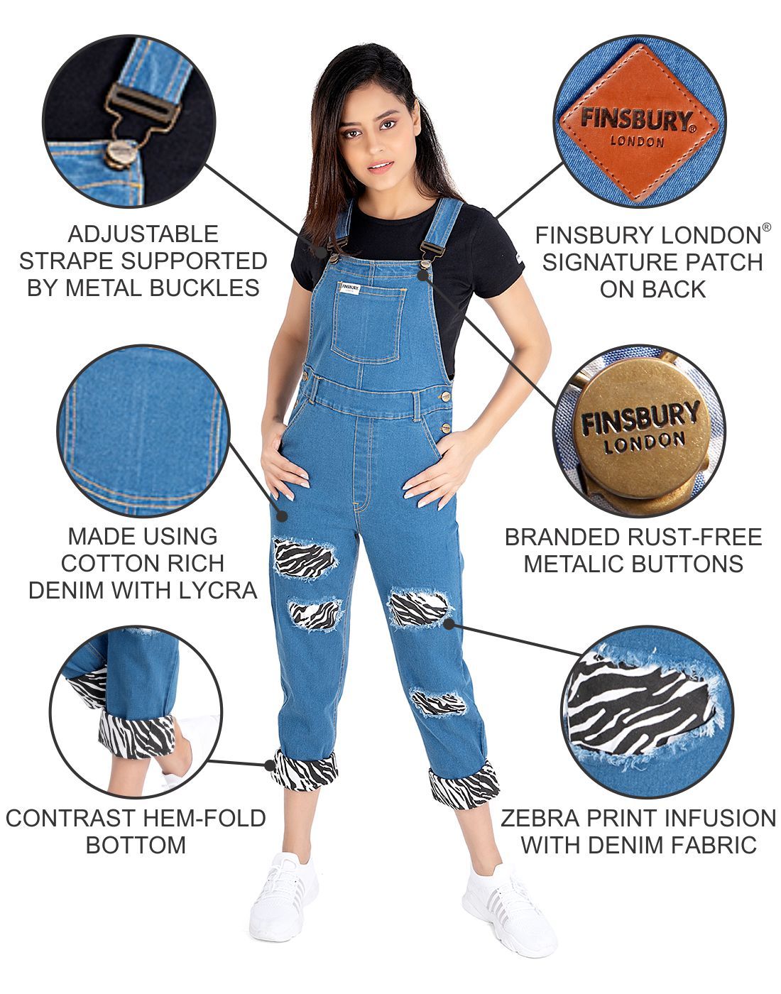 NaughtyDungaree® Womens Denim Dungaree with Zebra Print Infusion