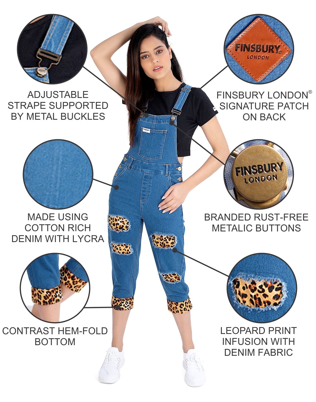 NaughtyDungaree® Womens Denim Dungaree with Leopard Print Infusion