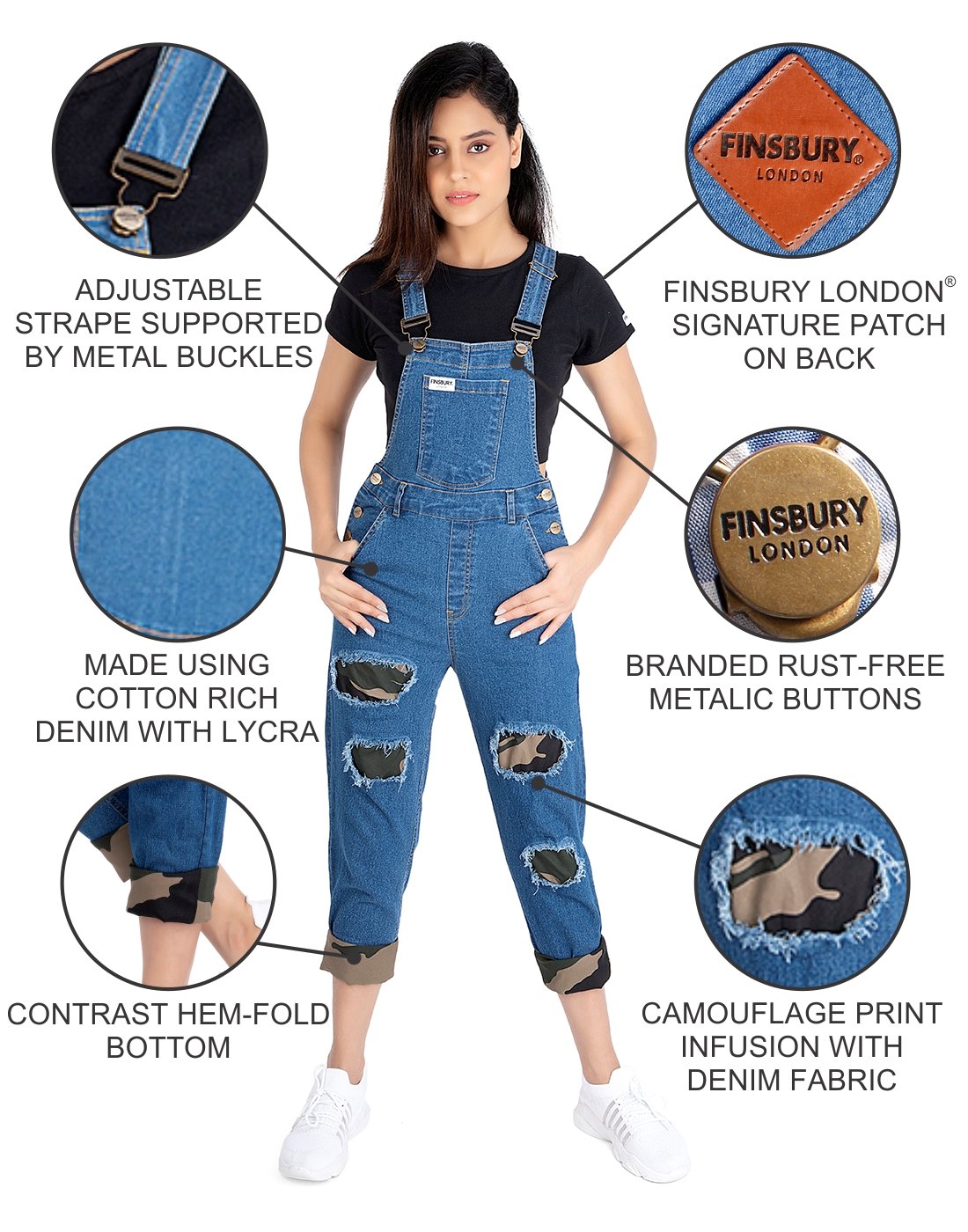 NaughtyDungaree® Women Denim Dungaree with Camouflage Print Infusion