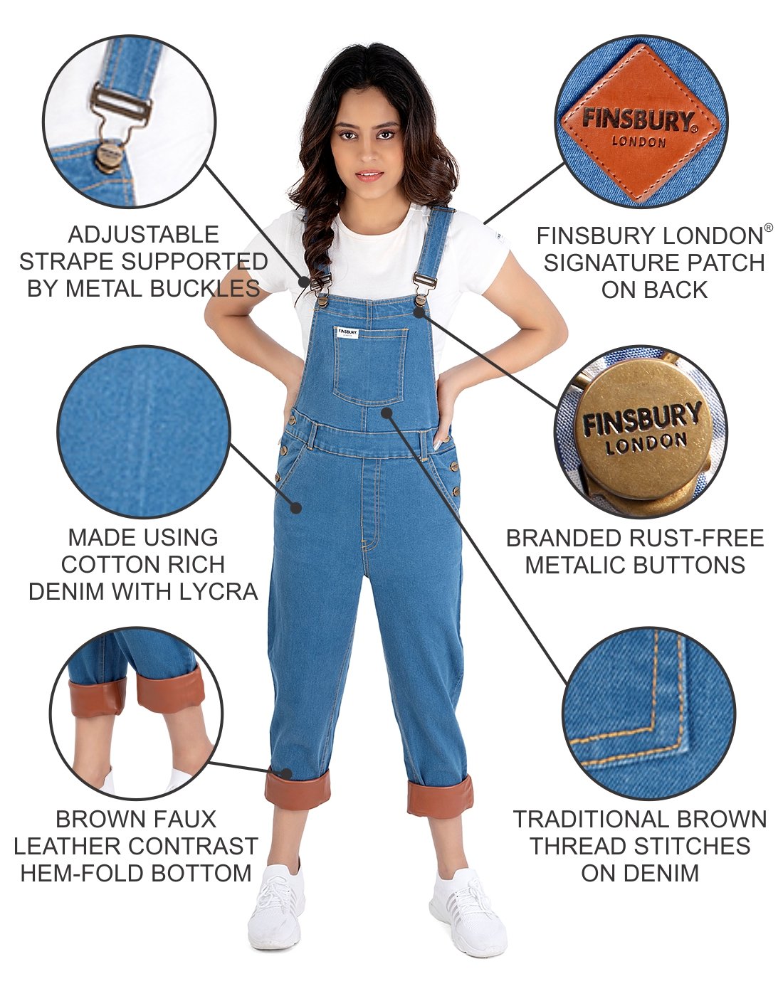 NaughtyDungaree® Women Denim Dungaree with Brown Faux Leather Bottom Hem-Fold