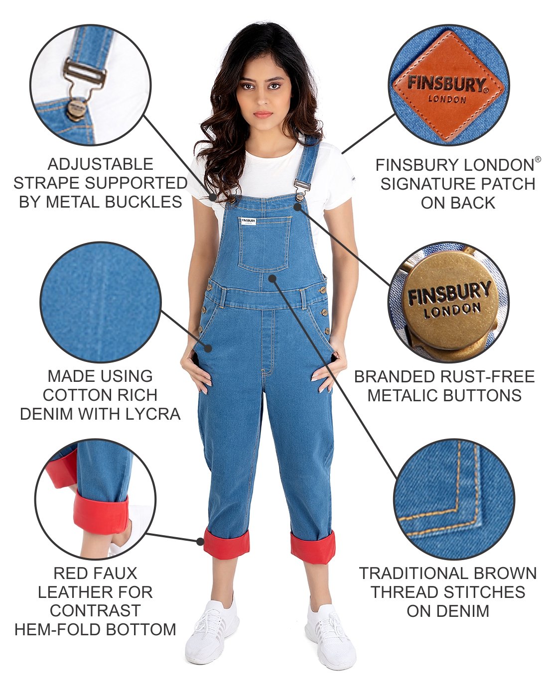 NaughtyDungaree® Women Denim Dungaree with Red Faux Leather Bottom Hem-Fold