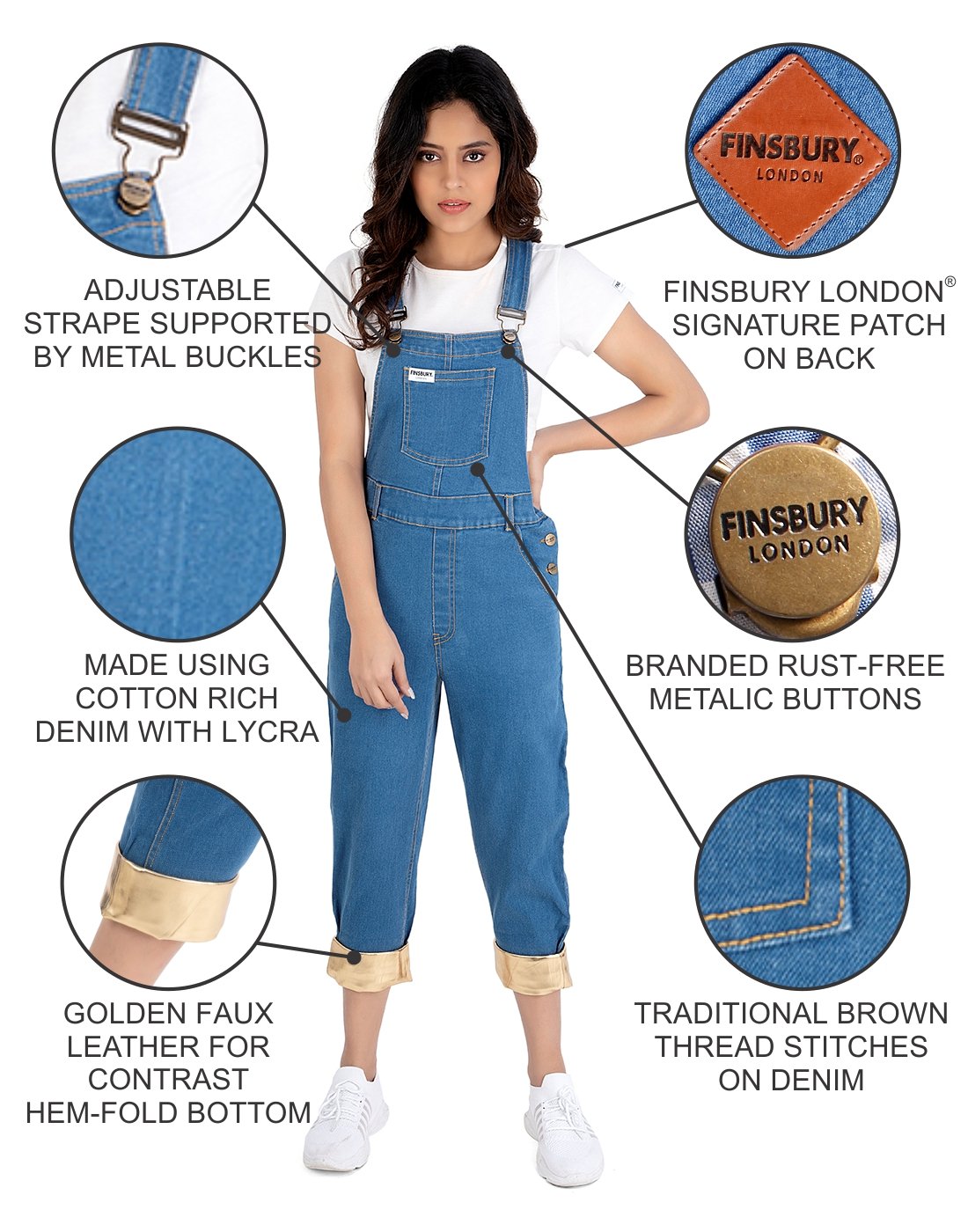 NaughtyDungaree® Women Denim Dungaree with Golden Faux Leather Bottom Hem-Fold