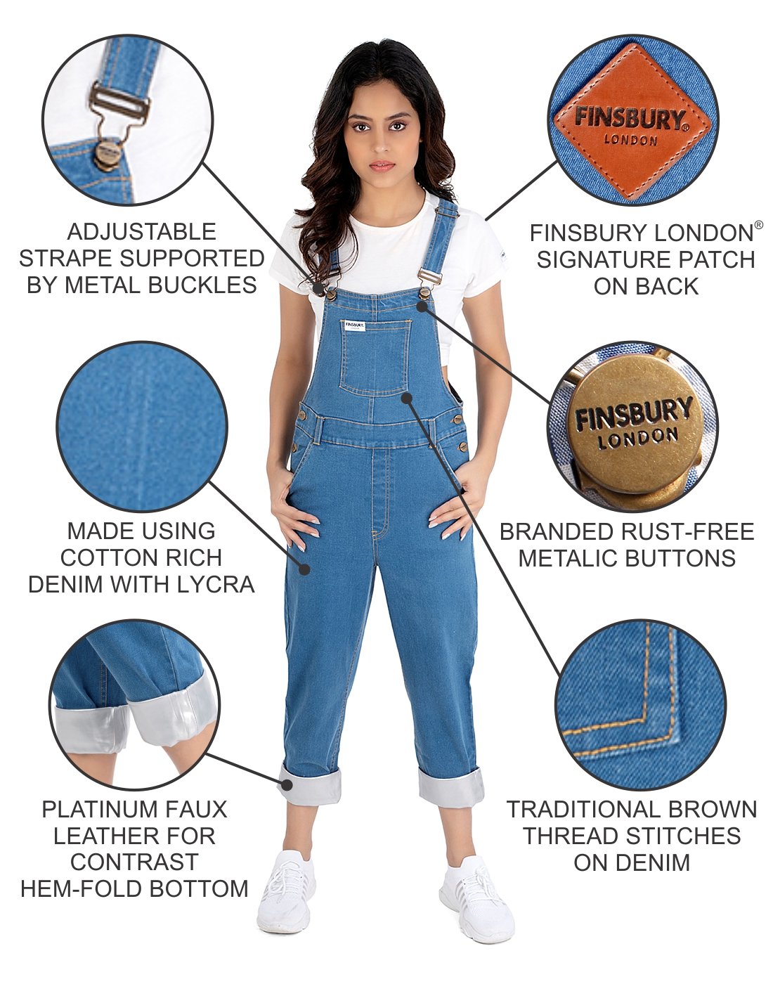 NaughtyDungaree® Women Denim Dungaree with Platinum Faux Leather Bottom Hem-Fold