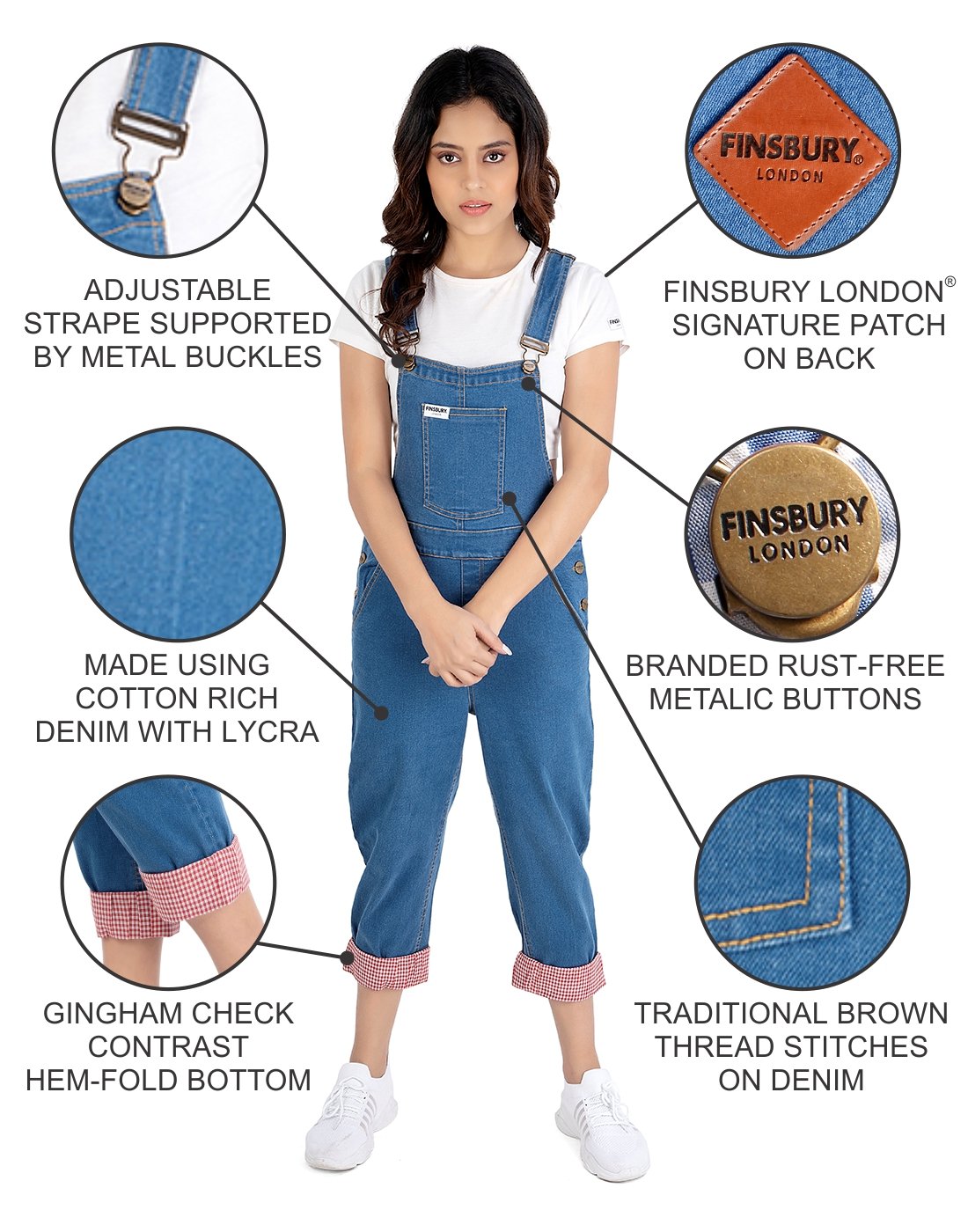 NaughtyDungaree® Women Denim Dungaree with Gingham Check Bottom Hem-Fold