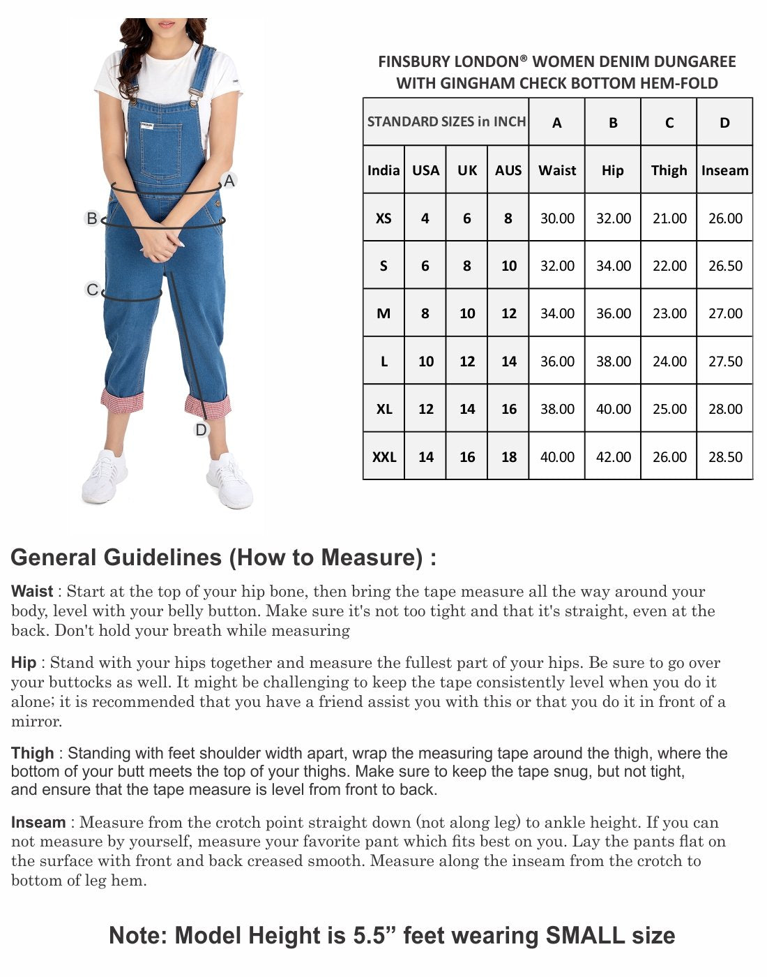 NaughtyDungaree® Women Denim Dungaree with Gingham Check Bottom Hem-Fold