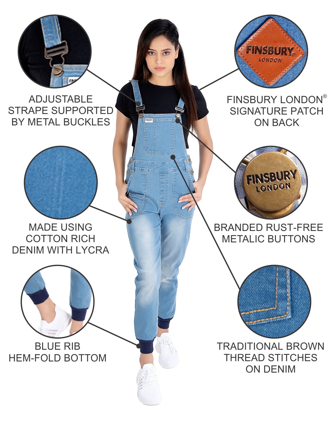 NaughtyDungaree® Women Denim Dungaree with Blue Rib Leg Opening`